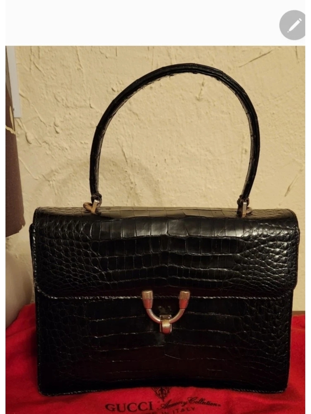 Gucci Black Croc-Embossed Structured Top Handle Satchel